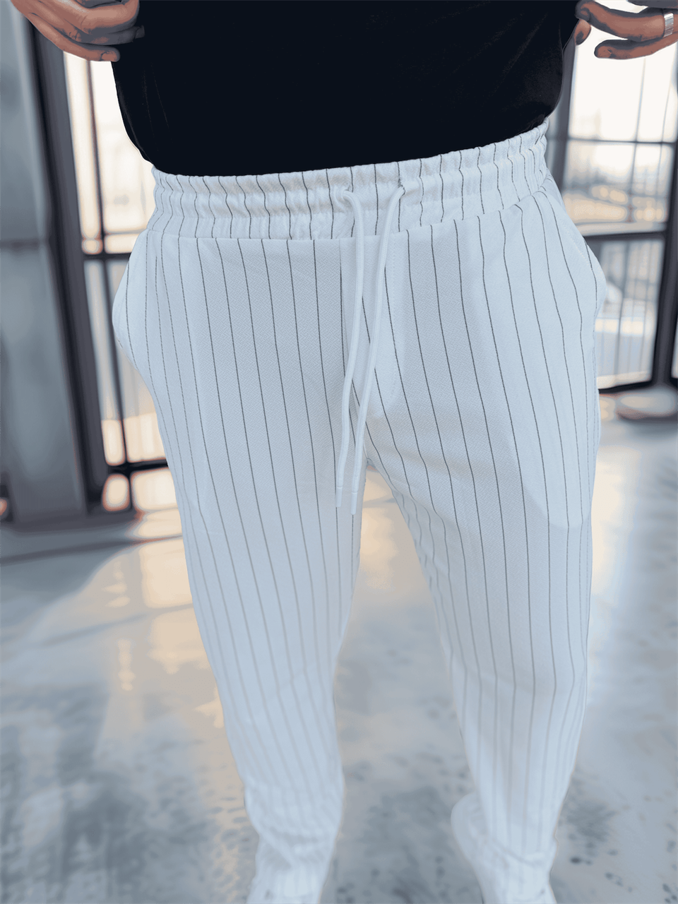 krep kumaş çizgili rahat kalip erkek pantolon - Justyol