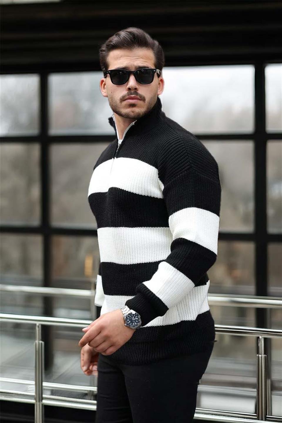 Pull Homme Pedro Rayé Demi-Zip en Maille Selanik