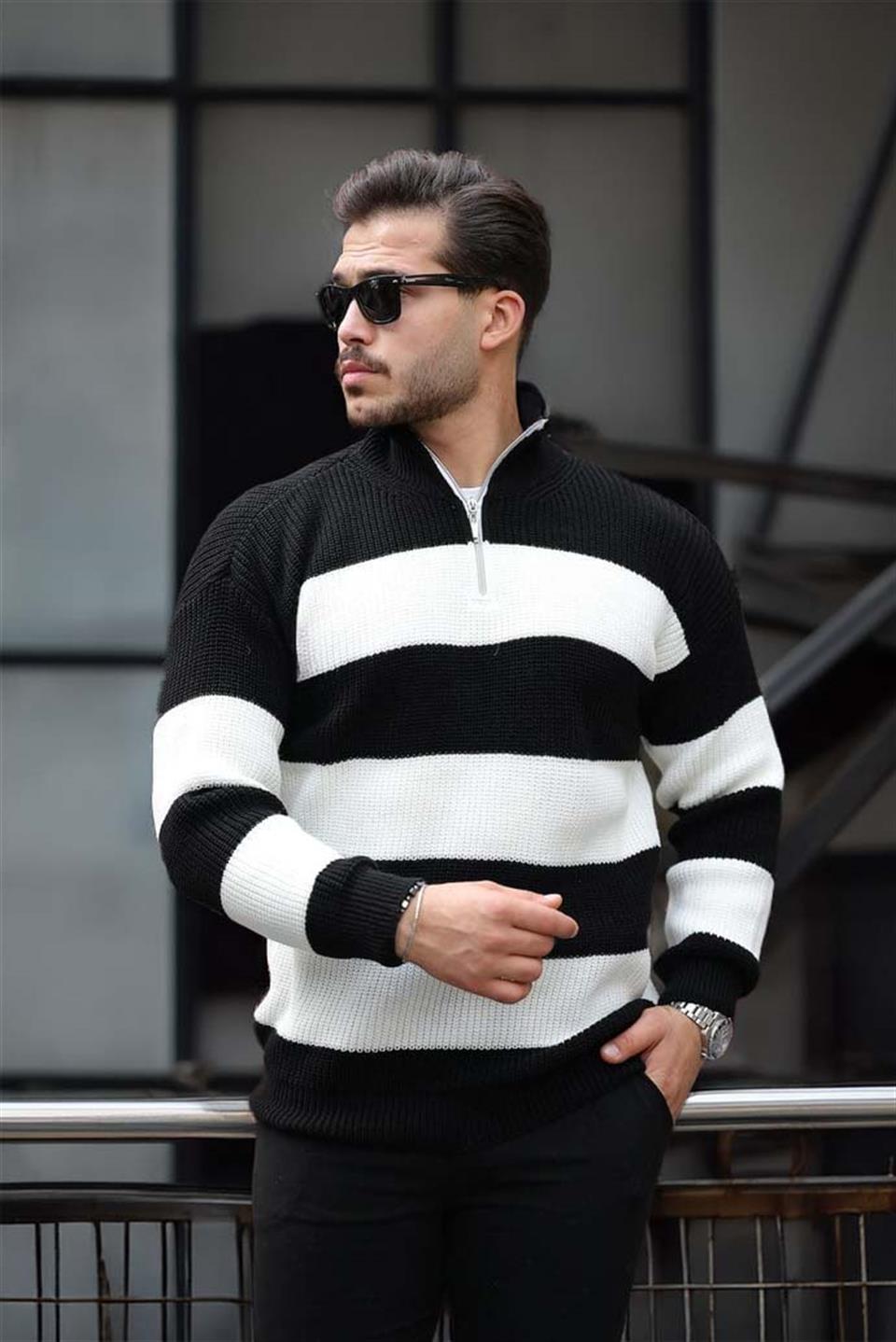 Pull Homme Pedro Rayé Demi-Zip en Maille Selanik