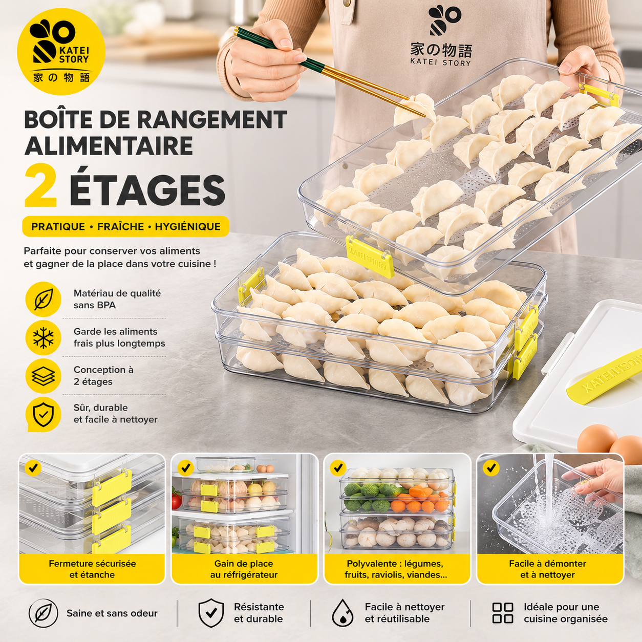 Grand Bac de Conservation Réfrigérateur avec Poignée - Boîte Hermétique pour Légumes, Fruits et Préparations - KATEI STORY