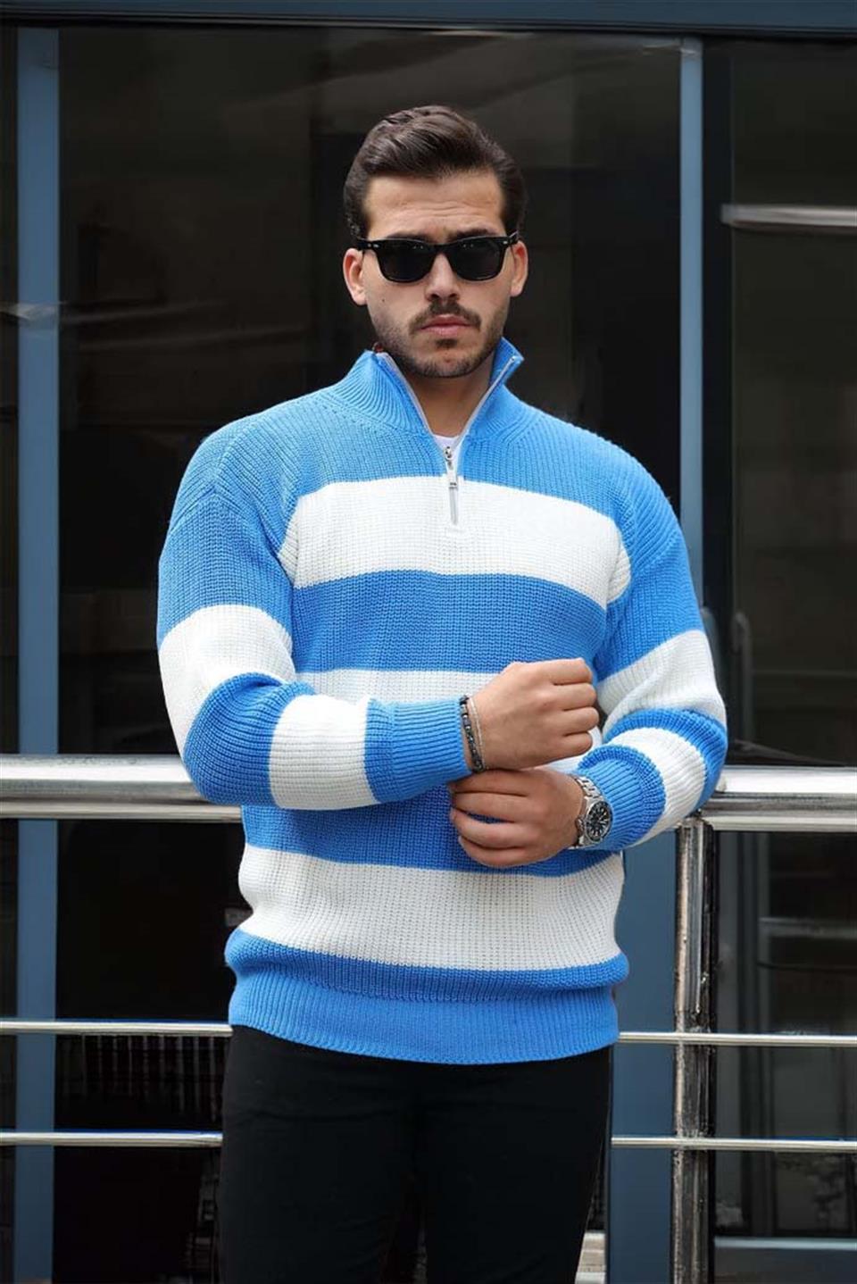 Pull Homme Pedro Rayé Demi-Zip en Maille Selanik