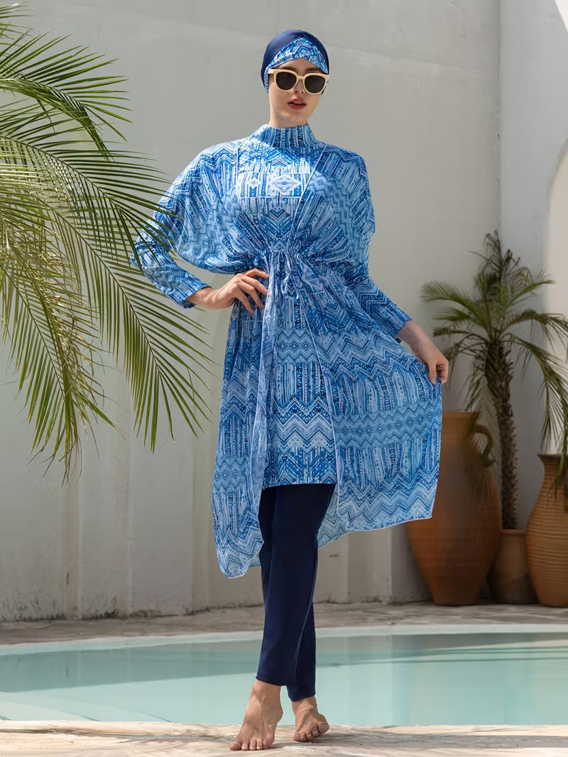 Burkini Femme Modeste 4 Pièces Imprimé – Ensemble Maillot de Bain avec Turban