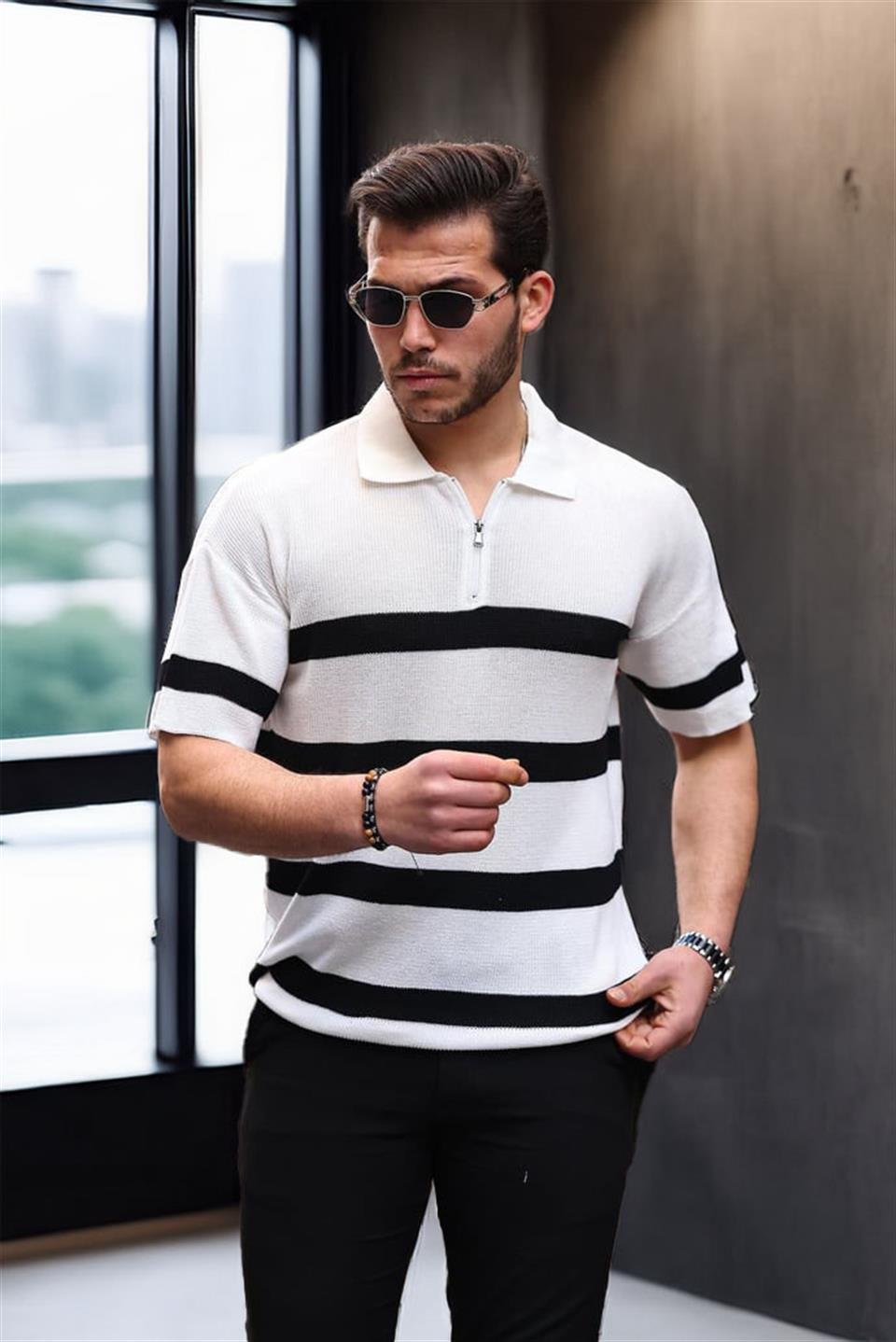 yarim fermuar çizgili oversize triko t - Justyol