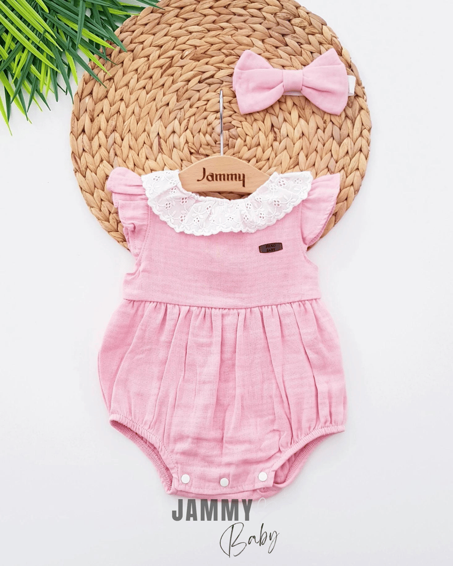 Fayette Lace Collar Bandana Romper Set-DRY ROSE