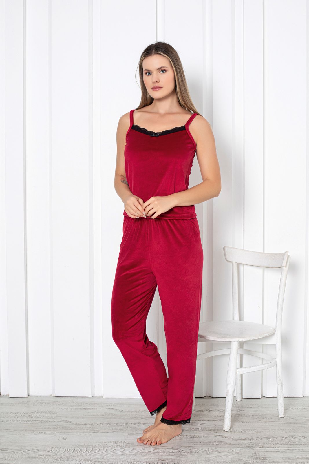 dreamy dantel detayli kadife 3 parça sabahlikli pijama takimi - Justyol