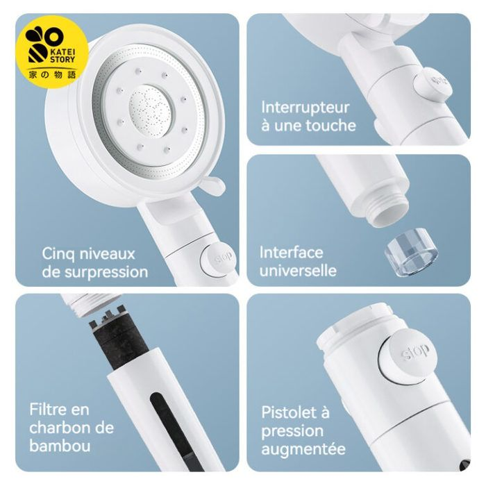 Pommeau de Douche Haute Pression 5 Modes avec Filtre Anti-Calcaire et Bouton d'Arrêt
