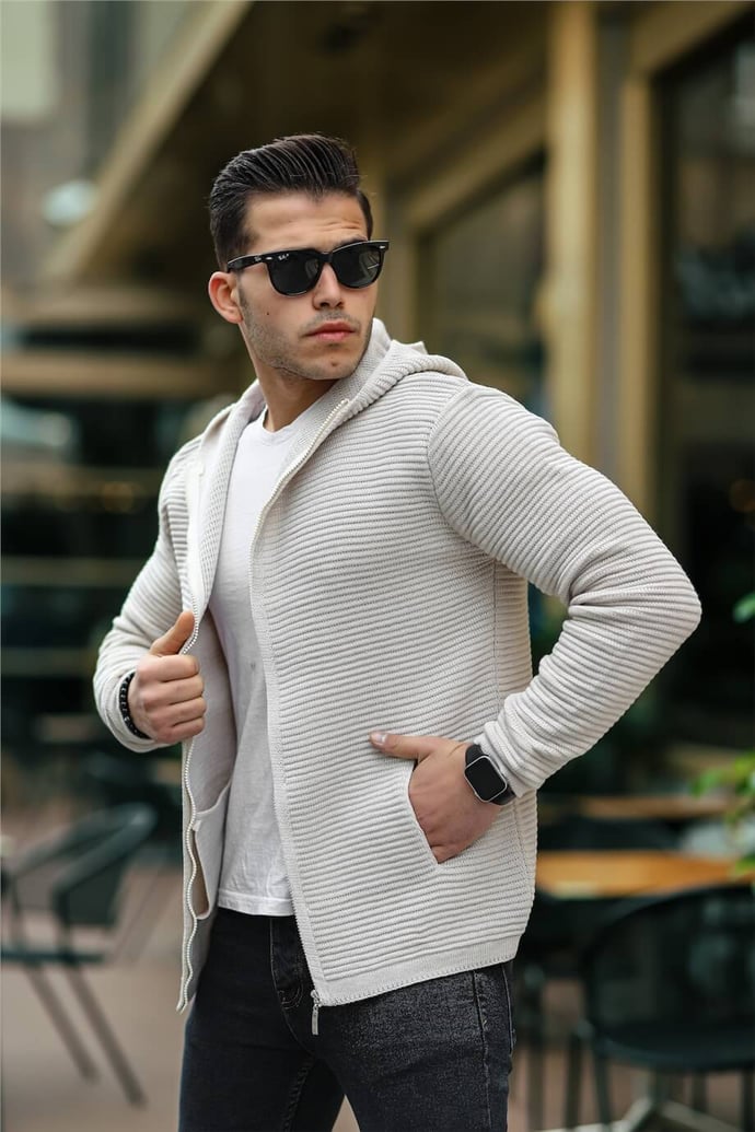 Fermuarlı Merdiven Örgü Kapüşonlu Triko Hırka/Ceket - 21206 - Justyol