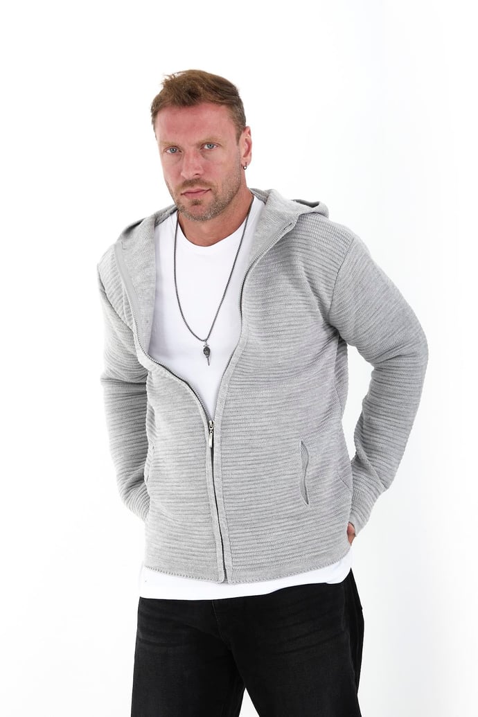 Fermuarlı Merdiven Örgü Kapüşonlu Triko Hırka/Ceket - 21206 - Justyol