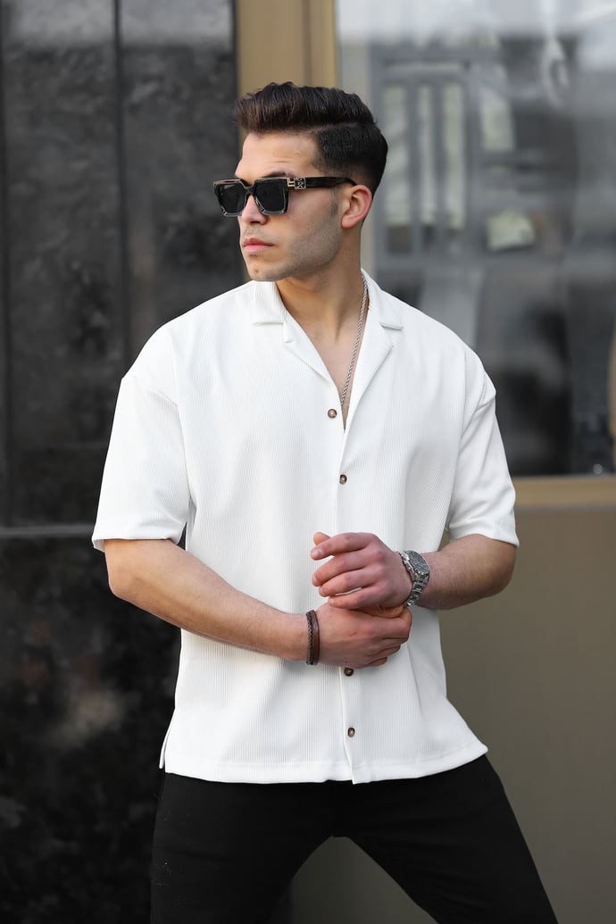 Fitilli Bowling Yaka Kısa Kol Gömlek - Siyah - 31769 - Justyol