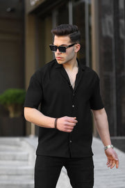 Fitilli Bowling Yaka Kısa Kol Gömlek - Siyah - 31769 - Justyol