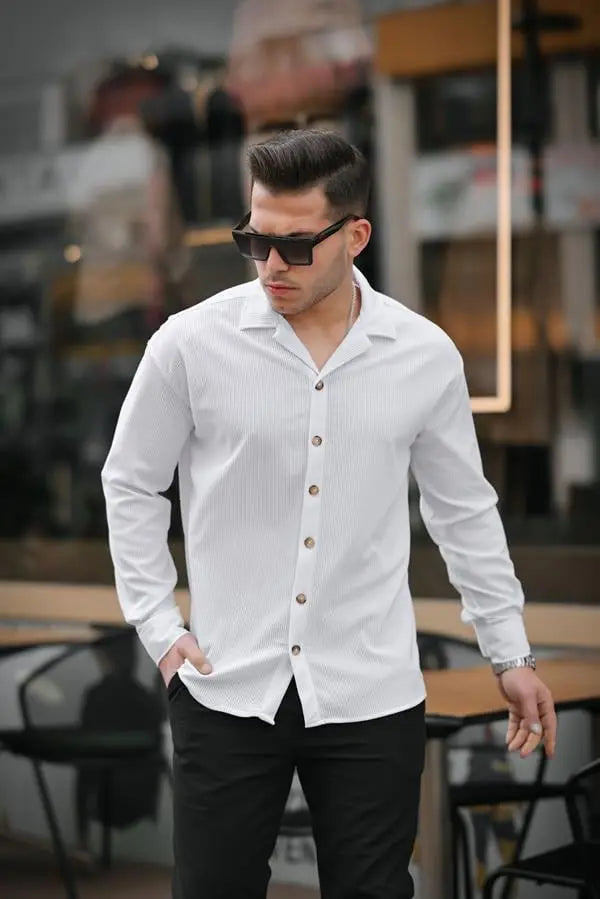 Chemise Homme Côtelée à Col Bowling – Manches Longues