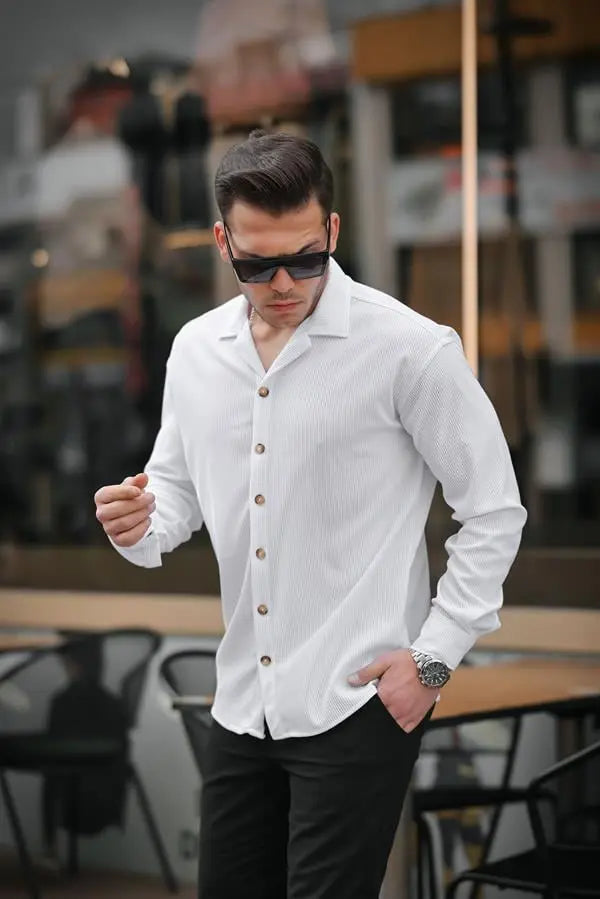 Chemise Homme Côtelée à Col Bowling – Manches Longues