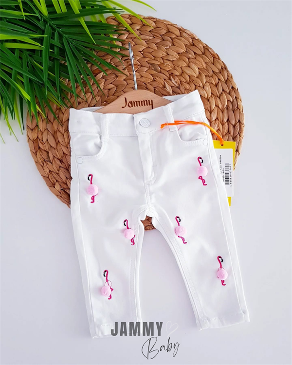 flamingo pompom denim trousers