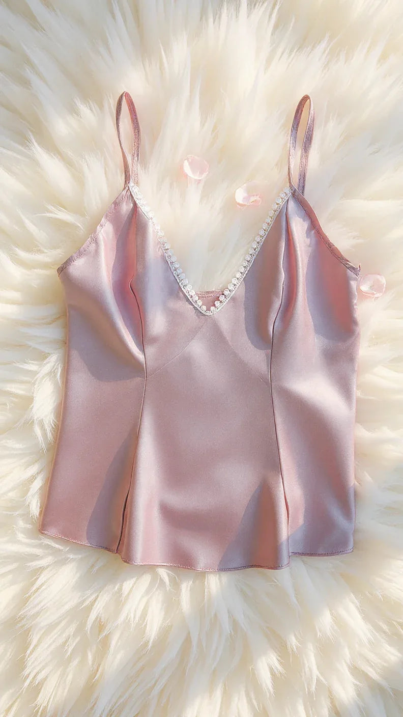 Ensemble pyjama court satin luxe femme avec pompons