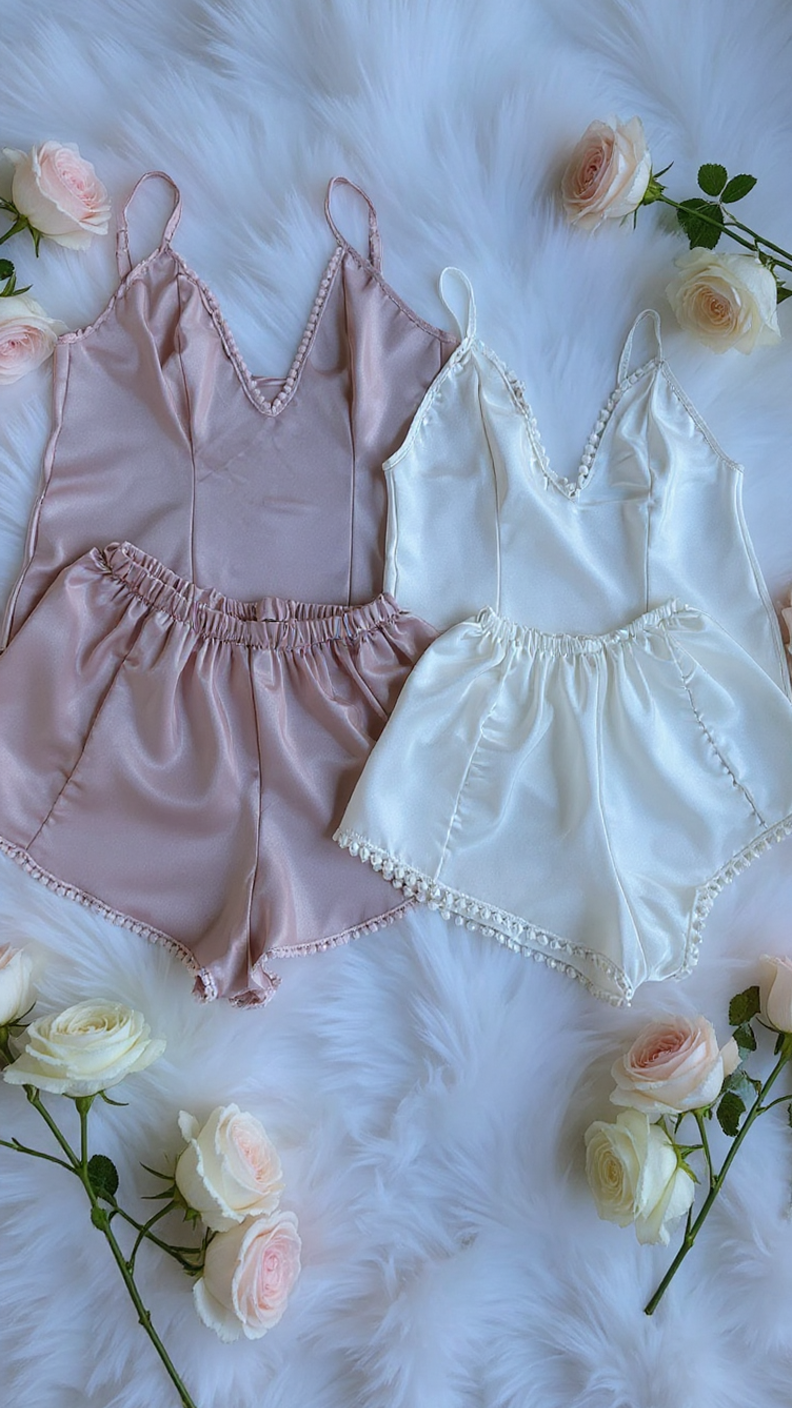Pajama set 135 -Luxury Satin Short Pajama Set with Pom-Pom Trim Erotica
