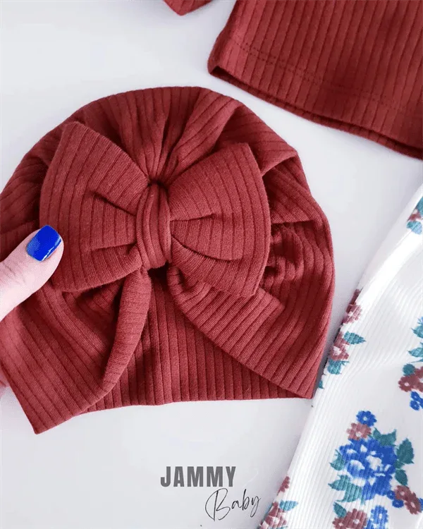 Ensemble bébé 3 pièces florale avec blouse manches ballon et pantalon imprimé