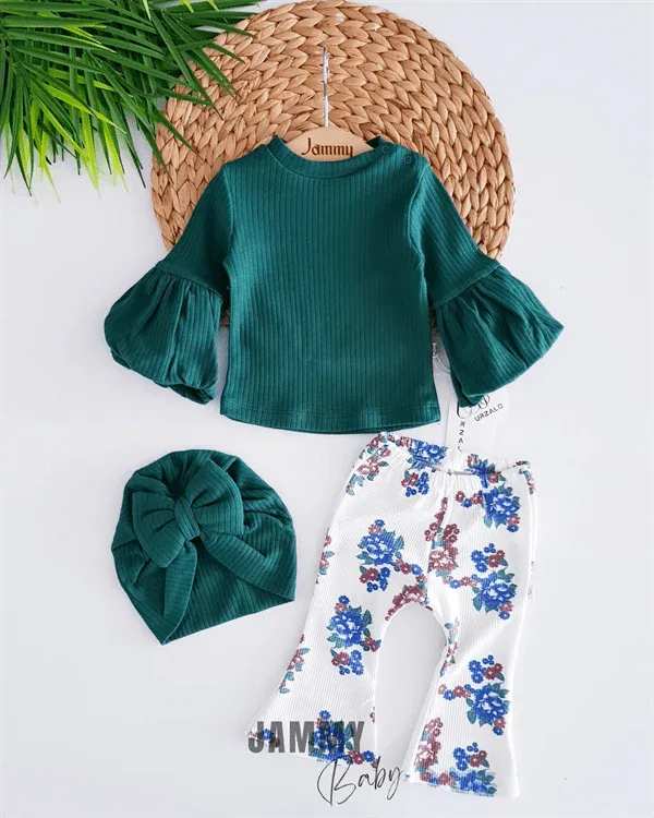 Ensemble bébé 3 pièces florale avec blouse manches ballon et pantalon imprimé