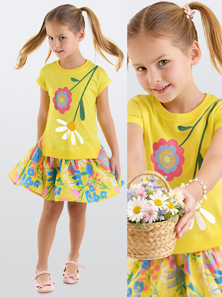 Robe Fille en Coton avec Imprimé Fleurs & Jupe Volantée Colorée