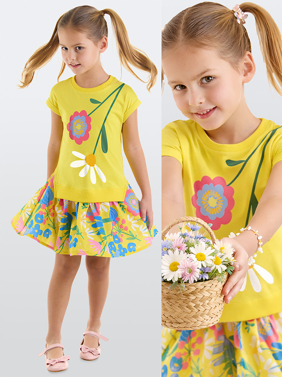 Robe Fille en Coton avec Imprimé Fleurs & Jupe Volantée Colorée