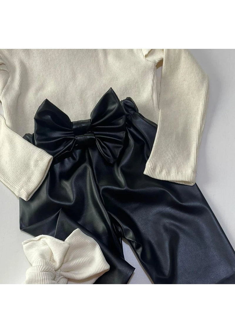 Pantalon Fille Effet Cuir avec Nœuds