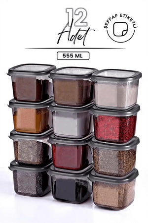 12 Adet Etiketli Antrasit Baharatlık Seti - 555 ml - 12 Li Saklama Kabı Seti - Justyol