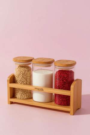 4 Parça Standlı Bambu Kapaklı Tezgah Üstü Baharat seti - Baharat Takımı - 350 ml - Justyol