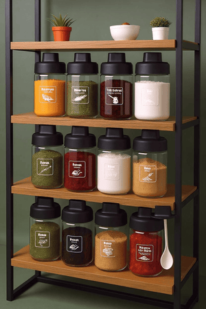 12 Adet Kilitllenebilir Kapaklı Kapağı Kendinden Kaşıklı - Kilitli Cam Baharatlık Takımı 300 ml - Justyol