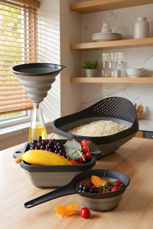 4'lü Akordiyon Katlanır Süzgeç Seti - Mutfak Çeyiz Seti (akordeon Saplı Pirinç Süzgeci Huni Gri) - Justyol