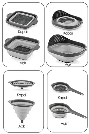 4'lü Akordiyon Katlanır Süzgeç Seti - Mutfak Çeyiz Seti (akordeon Saplı Pirinç Süzgeci Huni Gri) - Justyol