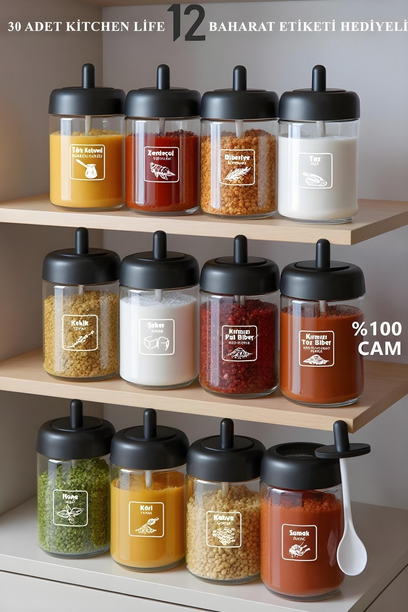 12'li Kapağı Kendinden Kaşıklı Ve Etiketli Baharatlık Seti 300 ml Gold Etiketli Cam Baharat Takımı - Justyol