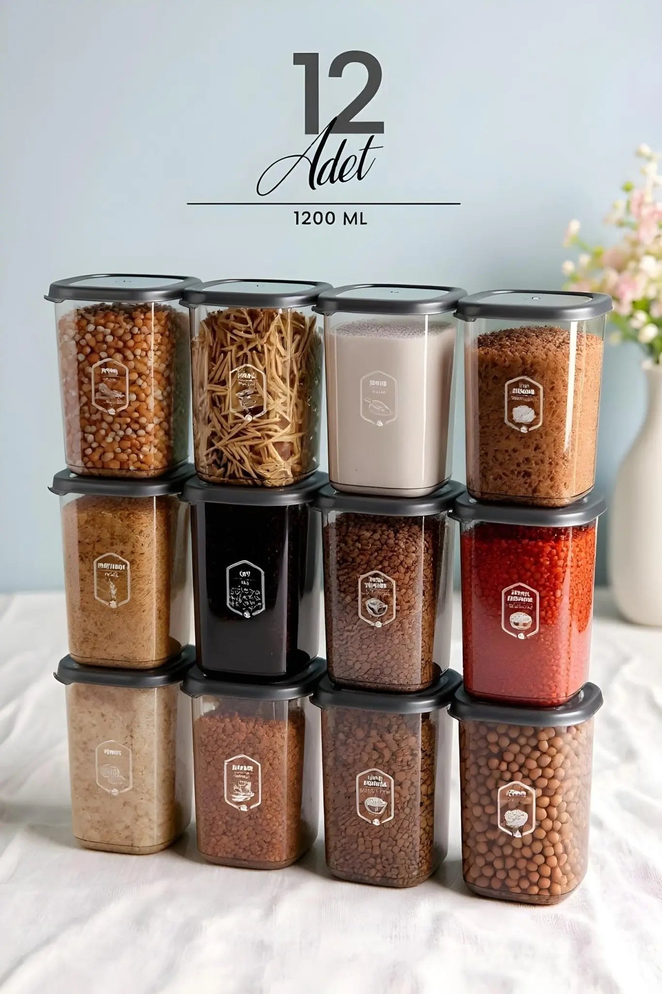 12 Li Büyük Boy Square Kare Saklama Kabı Seti 1205 ml Antrasit Etiketli Erzak Kavanoz Seti - Justyol