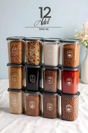 12 Li Büyük Boy Square Kare Saklama Kabı Seti 1205 ml Antrasit Etiketli Erzak Kavanoz Seti - Justyol
