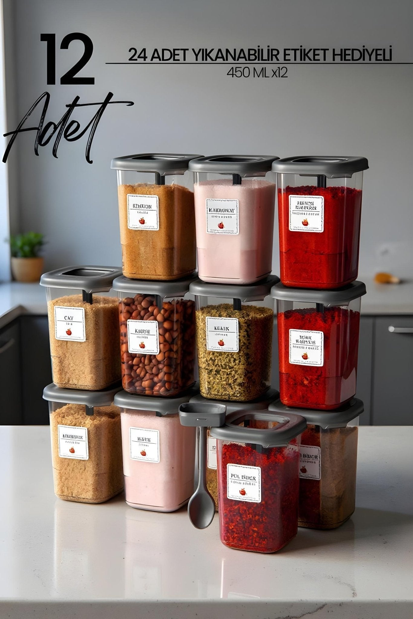 12'li Azure Etiketli Ve Kendinden Kaşıklı Baharatlık Seti 400 ml - Baharatlık Takımı - Justyol