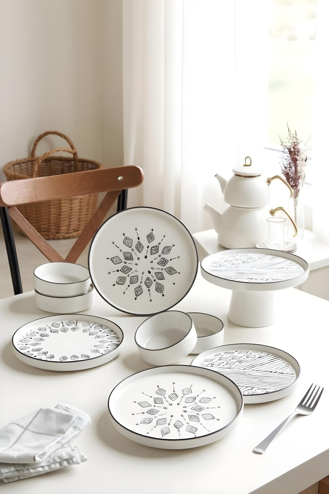 11 Parça Ayaklı Sunum Servis Tabaklı 6 Kişilik Stackable Ethnical Kahvaltı Takımı - Sunum Seti - Justyol