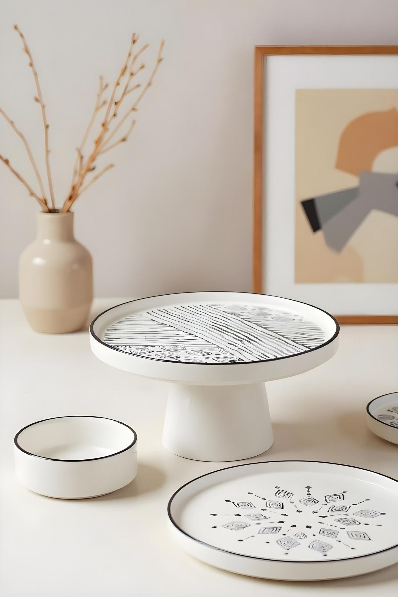 11 Parça Ayaklı Sunum Servis Tabaklı 6 Kişilik Stackable Ethnical Kahvaltı Takımı - Sunum Seti - Justyol