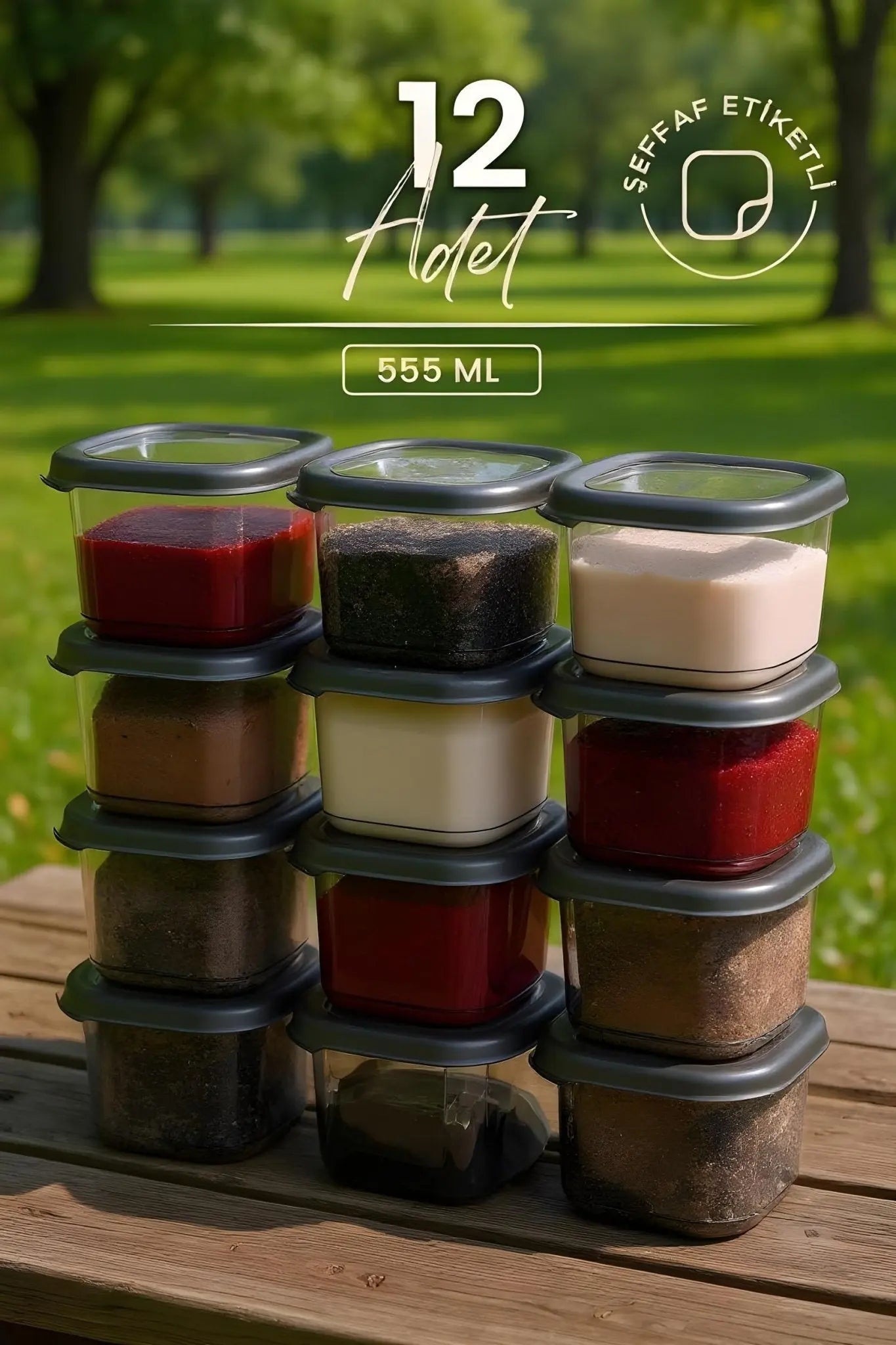 12 Adet Etiketli Antrasit Baharatlık Seti - 555 ml - 12 Li Saklama Kabı Seti - Justyol