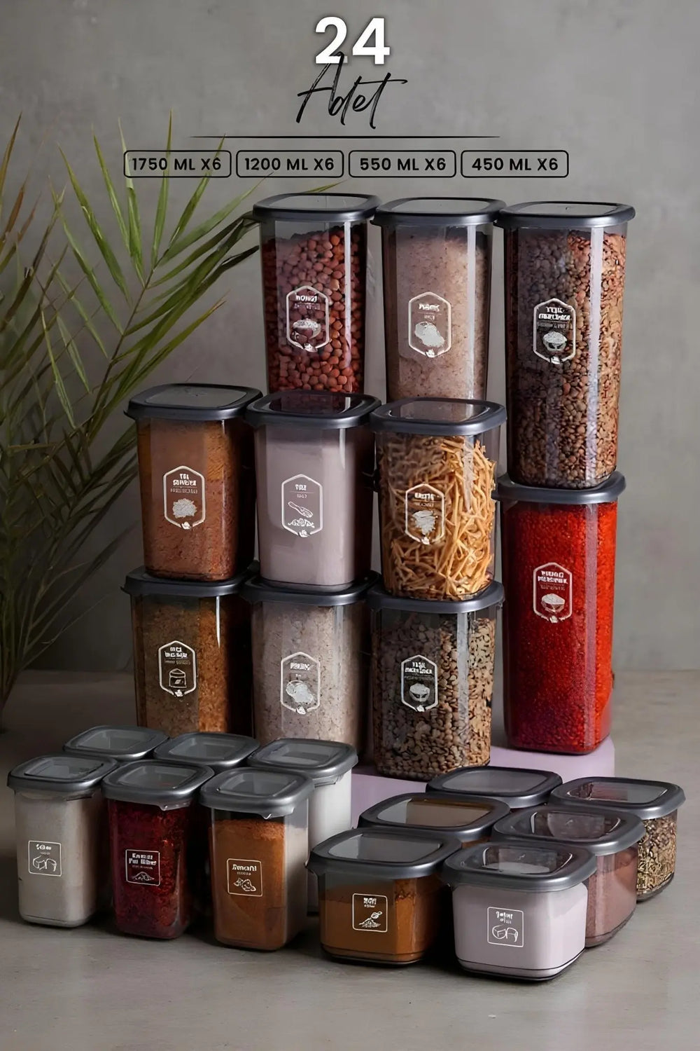 Set de 24 boîtes de rangement alimentaires carrées Modernity avec étiquettes (1750 ml × 6 – 1200 ml × 6 – 555 ml × 6 – 400 ml × 6)