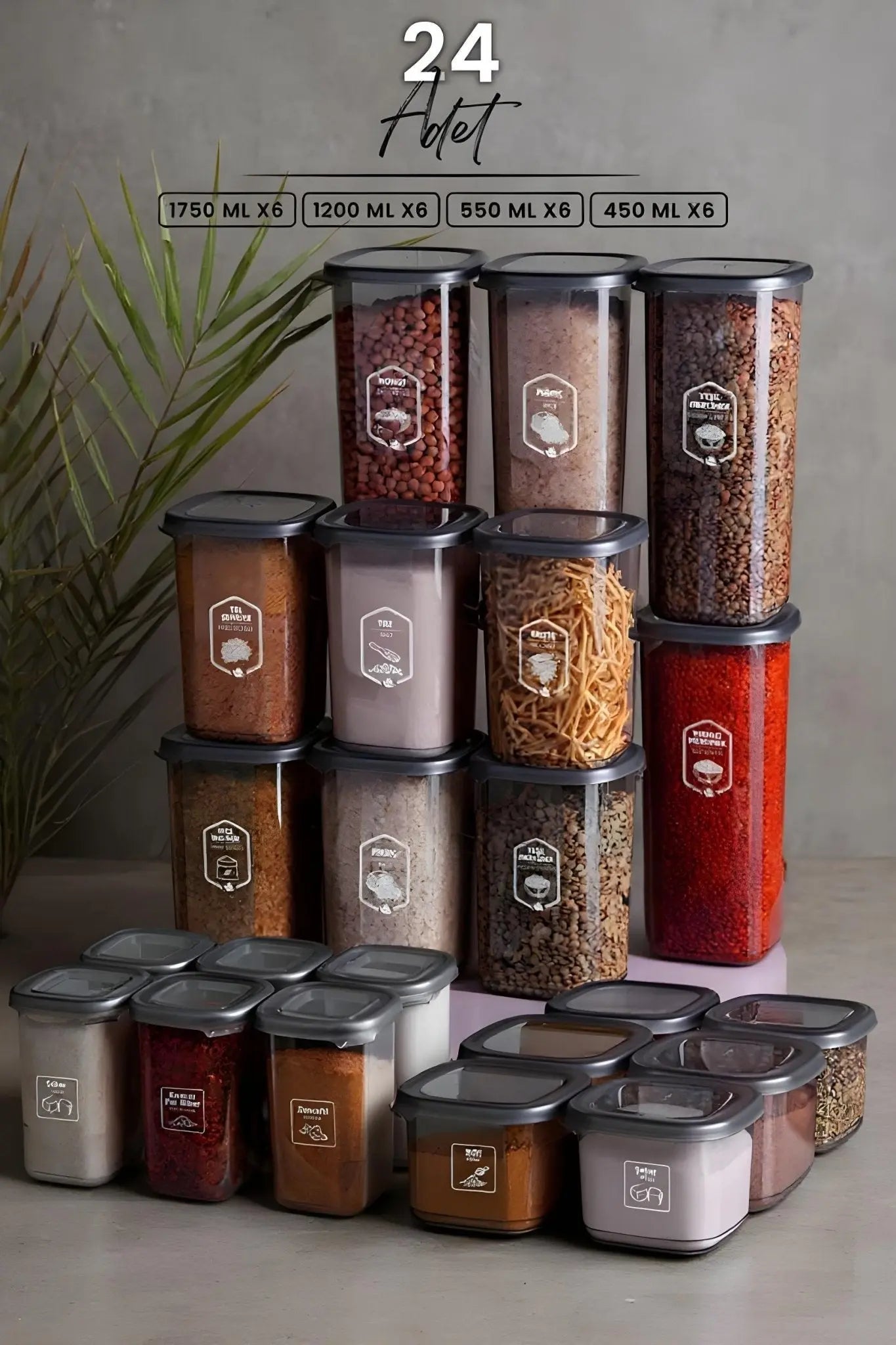 24'lü Etiketli Modernity Kare Erzak Saklama Kabı Seti (1750ml X6 - 1200ml X6 - 555ml X6 - 400 X6 ) - Justyol