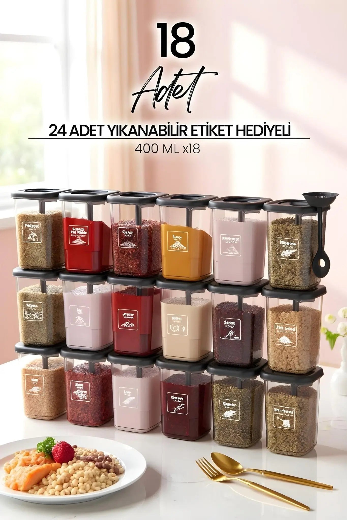 18'li Azure Etiketli ve Kendinden Kaşıklı Baharatlık Seti - Baharatlık Takımı - Justyol