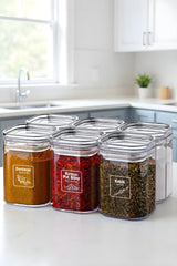 Etiketli 6'li Akrilik Vakumlu Kare Baharatlık Seti 200 ml - Sızdırmaz Kapaklı Baharatlık Takımı - Justyol