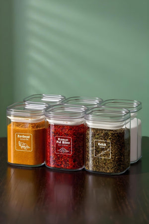 Etiketli 6'li Akrilik Vakumlu Kare Baharatlık Seti 200 ml - Sızdırmaz Kapaklı Baharatlık Takımı - Justyol