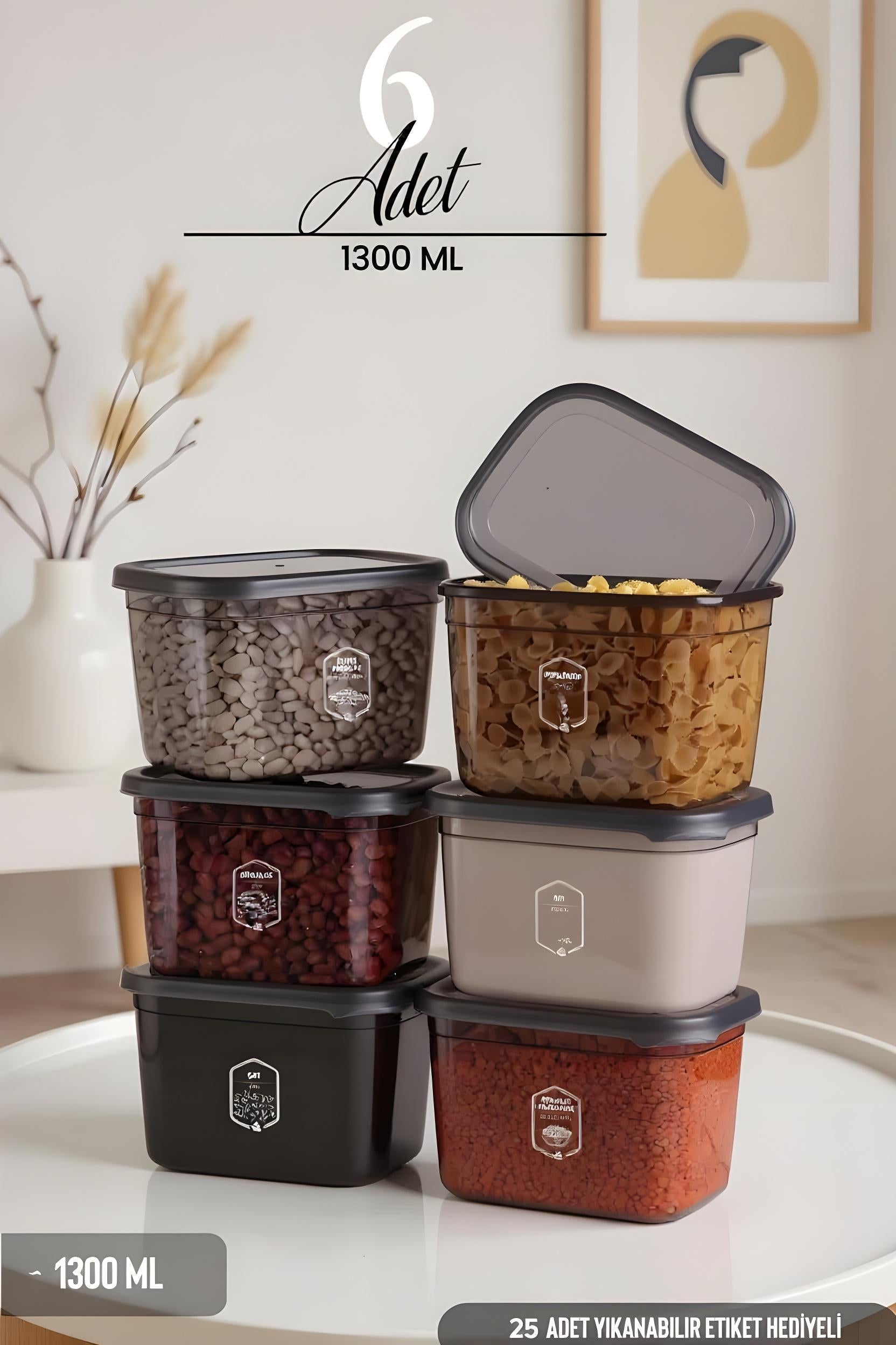 6'lı Etiketli Moly Dikdörtgen Saklama Kabı Seti 1300ml Kapaklı Kahvaltılık - Çoklu Set Yapılabilen JHome