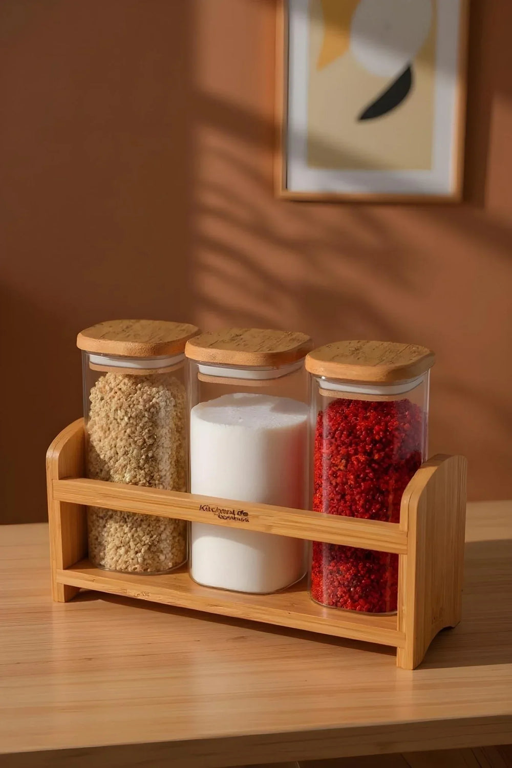 Set de 4 pots à épices de comptoir avec couvercle en bambou et support – 350 ml