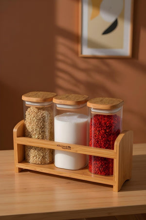 4 Parça Standlı Bambu Kapaklı Tezgah Üstü Baharat seti - Baharat Takımı - 350 ml - Justyol