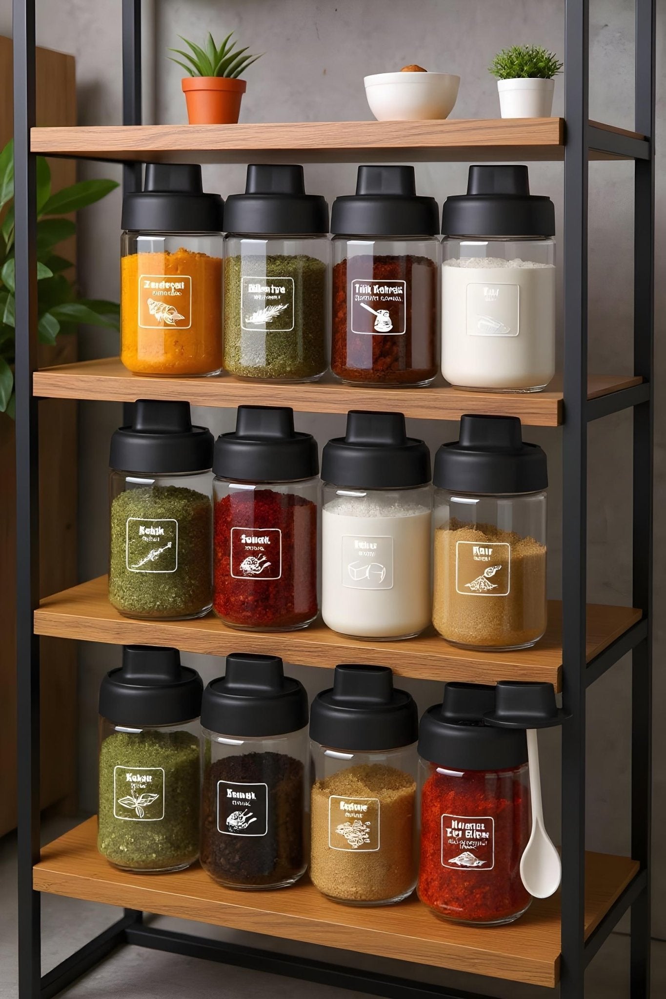 12 Adet Kilitllenebilir Kapaklı Kapağı Kendinden Kaşıklı - Kilitli Cam Baharatlık Takımı 300 ml - Justyol