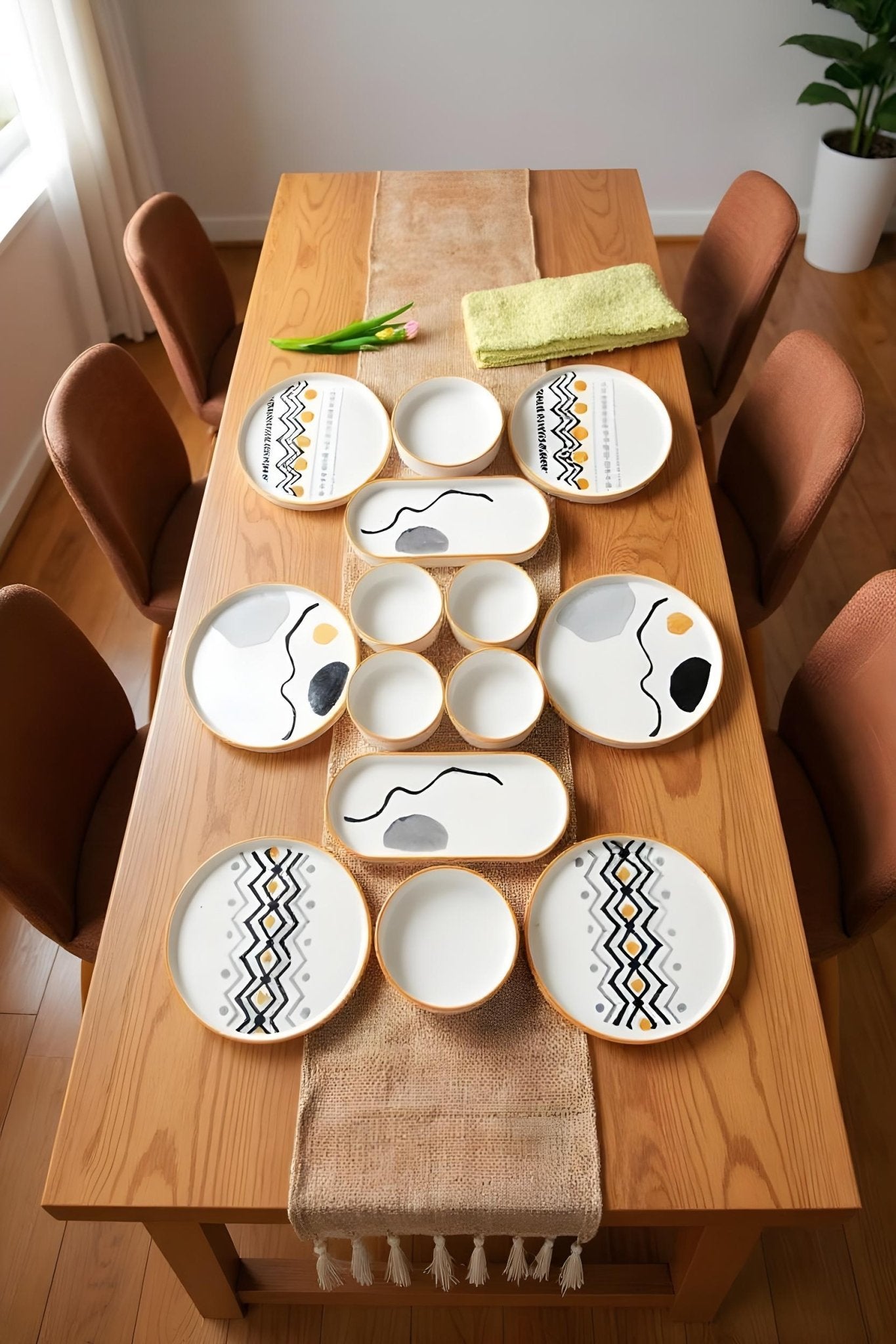 14 Parça 6 Kişilik Axial Stackable Kahvaltı Takımı - Lüx Kahvaltılık Sunum Seti Tabağı - Justyol