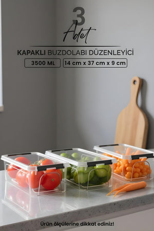 3'lü Kilitli Kapaklı Buzdolabı Düzenleyici Seti - Dolap Düzenleyici - Saklama Kabı Kutusu 3500 ML - Justyol