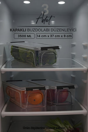 3'lü Kilitli Kapaklı Buzdolabı Düzenleyici Seti - Dolap Düzenleyici - Saklama Kabı Kutusu 3500 ML - Justyol