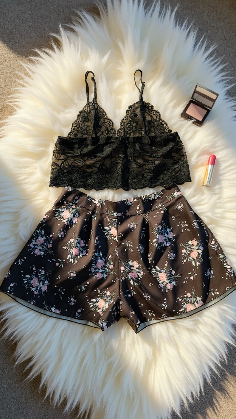 Pajama set 316 -Floral Satin & Lace 3-Piece Nightwear Set – Robe, Bralette & short Erotica