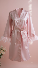 Robe 401 -Blush Pink Satin Robe with Feather Trim Erotica